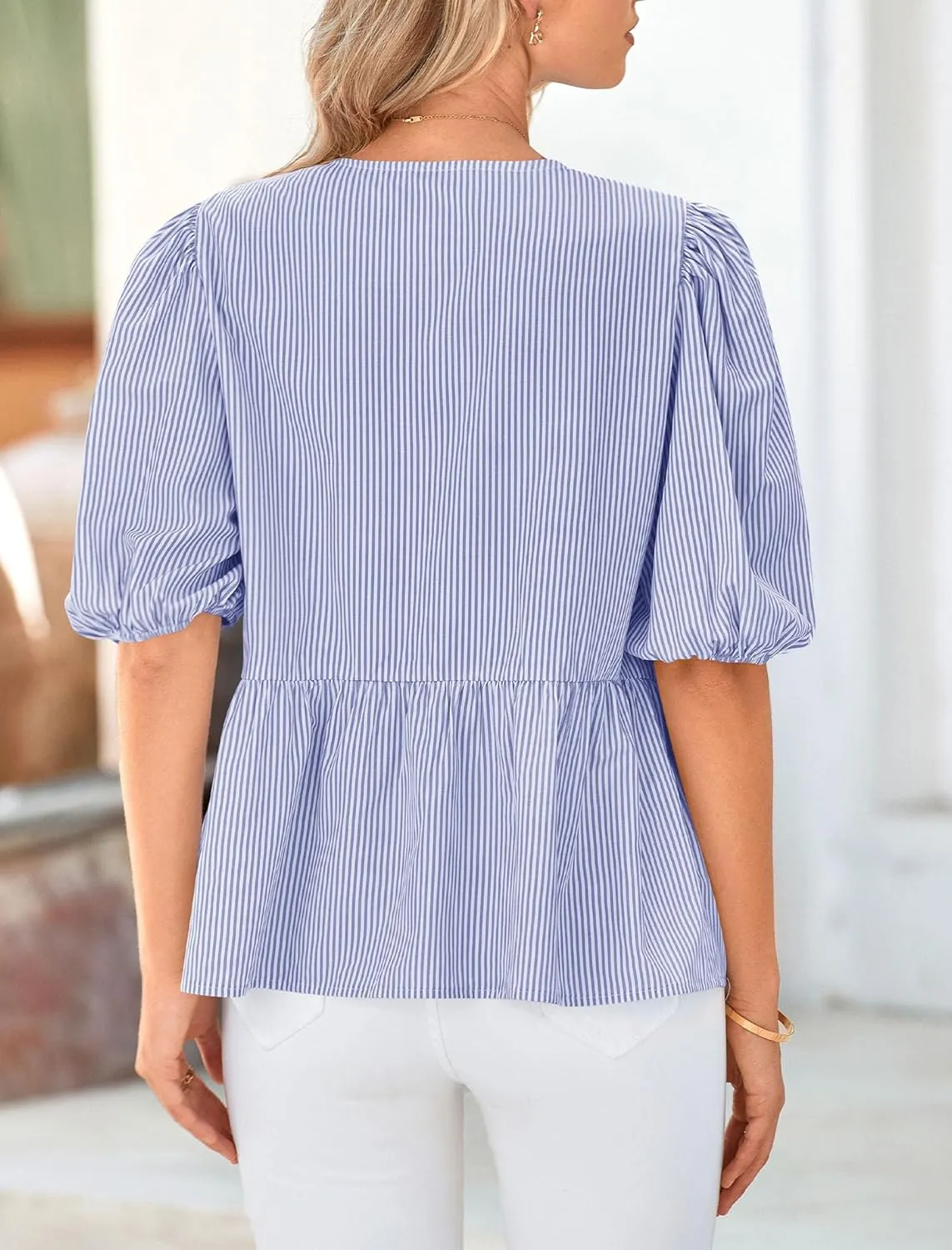 PRETTYGARDEN Women's Tie Front Striped Shirt 2025 Summer Trendy Fashion Cute Babydoll Tops Peplum Puffy Sleeve Blouse