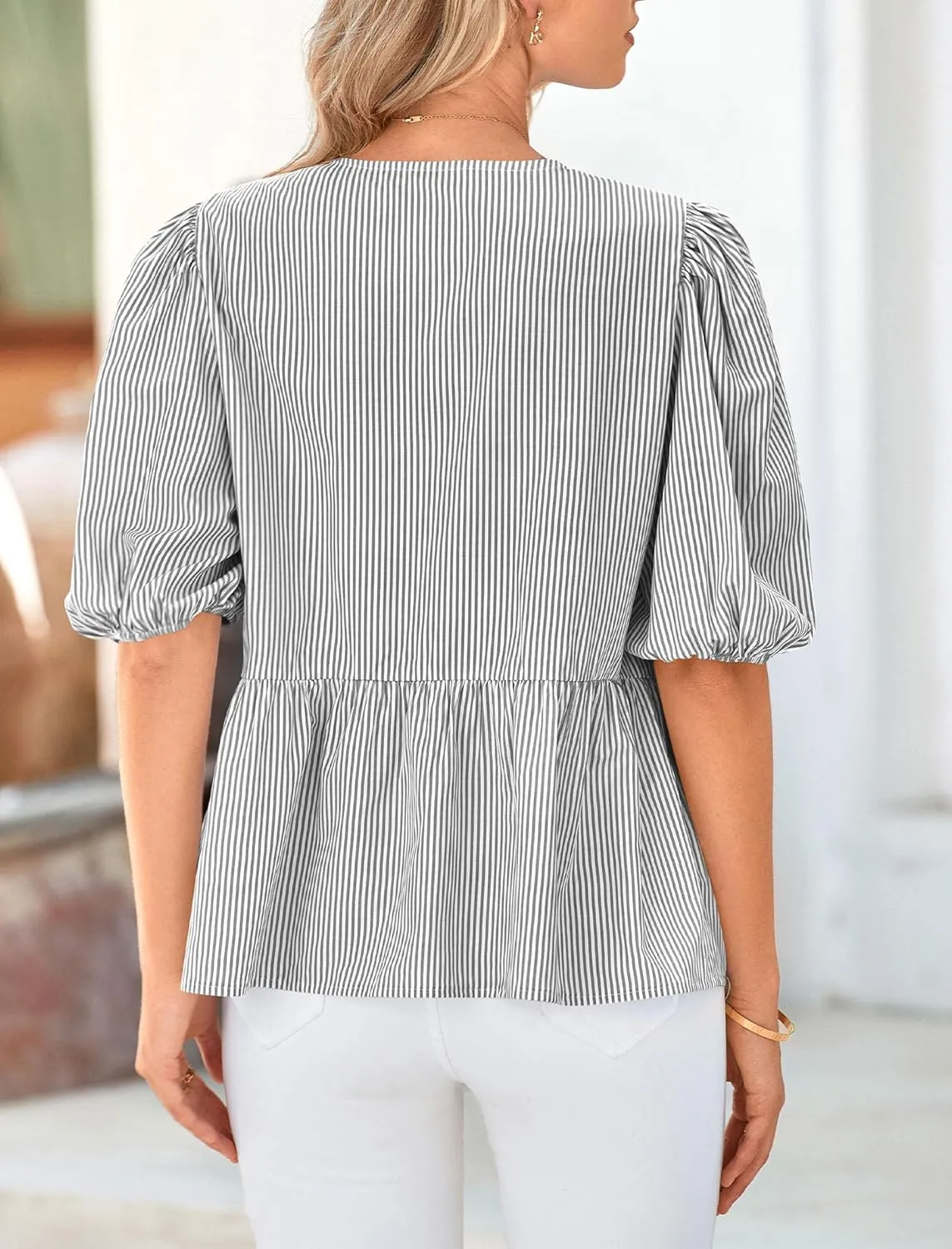 PRETTYGARDEN Women's Tie Front Striped Shirt 2025 Summer Trendy Fashion Cute Babydoll Tops Peplum Puffy Sleeve Blouse