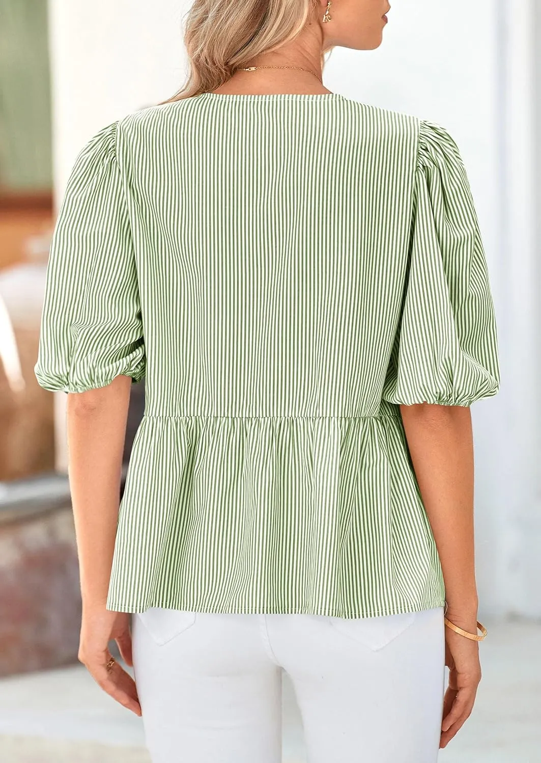 PRETTYGARDEN Women's Tie Front Striped Shirt 2025 Summer Trendy Fashion Cute Babydoll Tops Peplum Puffy Sleeve Blouse