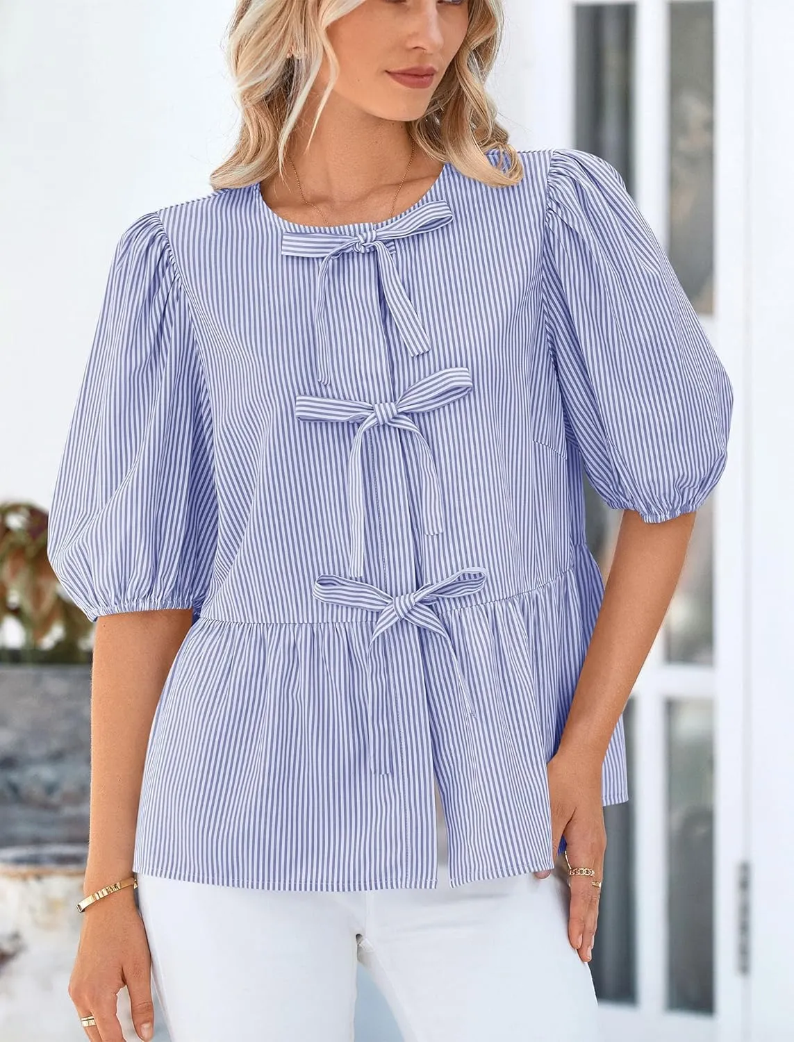 PRETTYGARDEN Women's Tie Front Striped Shirt 2025 Summer Trendy Fashion Cute Babydoll Tops Peplum Puffy Sleeve Blouse