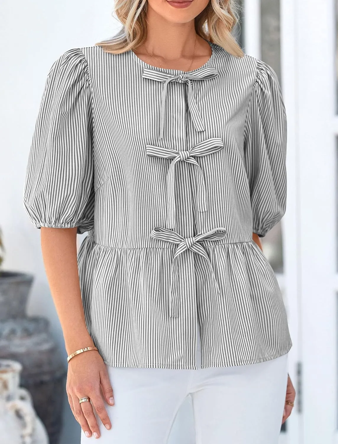 PRETTYGARDEN Women's Tie Front Striped Shirt 2025 Summer Trendy Fashion Cute Babydoll Tops Peplum Puffy Sleeve Blouse