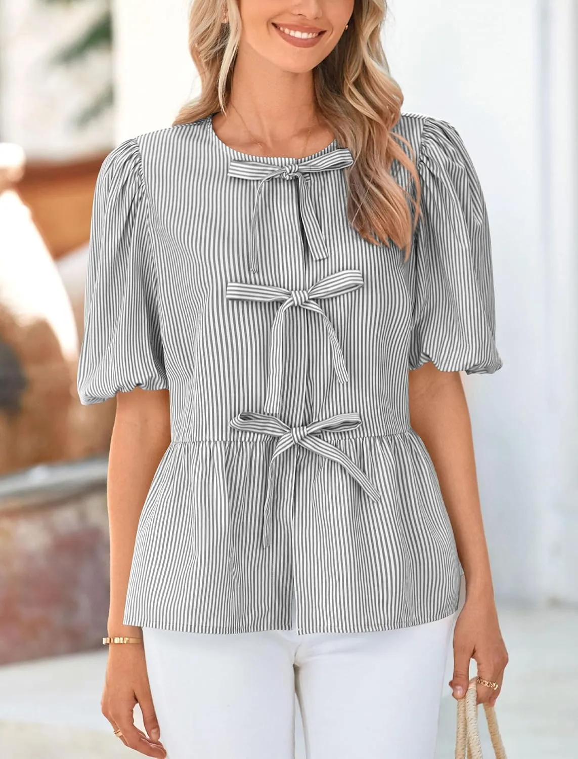 PRETTYGARDEN Women's Tie Front Striped Shirt 2025 Summer Trendy Fashion Cute Babydoll Tops Peplum Puffy Sleeve Blouse