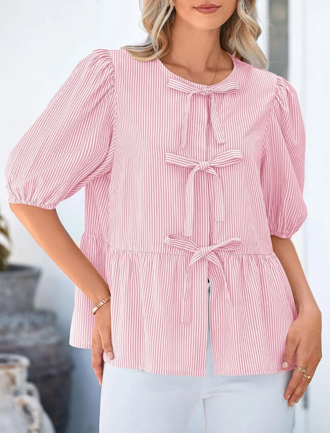 PRETTYGARDEN Women's Tie Front Striped Shirt 2025 Summer Trendy Fashion Cute Babydoll Tops Peplum Puffy Sleeve Blouse