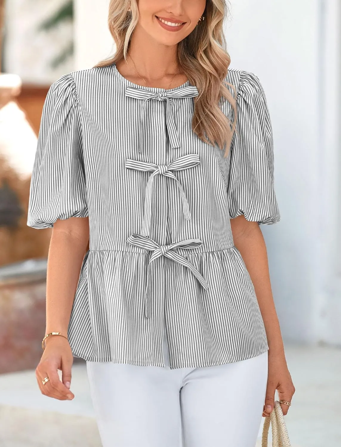 PRETTYGARDEN Women's Tie Front Striped Shirt 2025 Summer Trendy Fashion Cute Babydoll Tops Peplum Puffy Sleeve Blouse