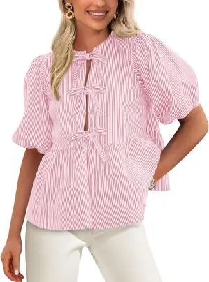 PRETTYGARDEN Women's Tie Front Striped Shirt 2025 Summer Trendy Fashion Cute Babydoll Tops Peplum Puffy Sleeve Blouse