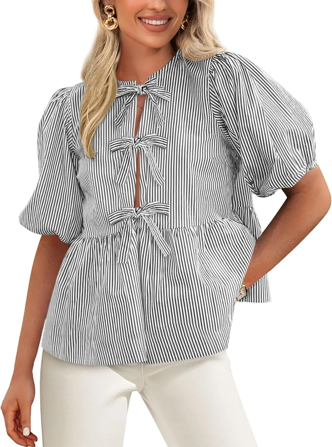 PRETTYGARDEN Women's Tie Front Striped Shirt 2025 Summer Trendy Fashion Cute Babydoll Tops Peplum Puffy Sleeve Blouse