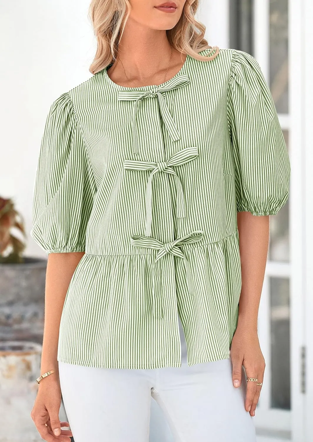 PRETTYGARDEN Women's Tie Front Striped Shirt 2025 Summer Trendy Fashion Cute Babydoll Tops Peplum Puffy Sleeve Blouse