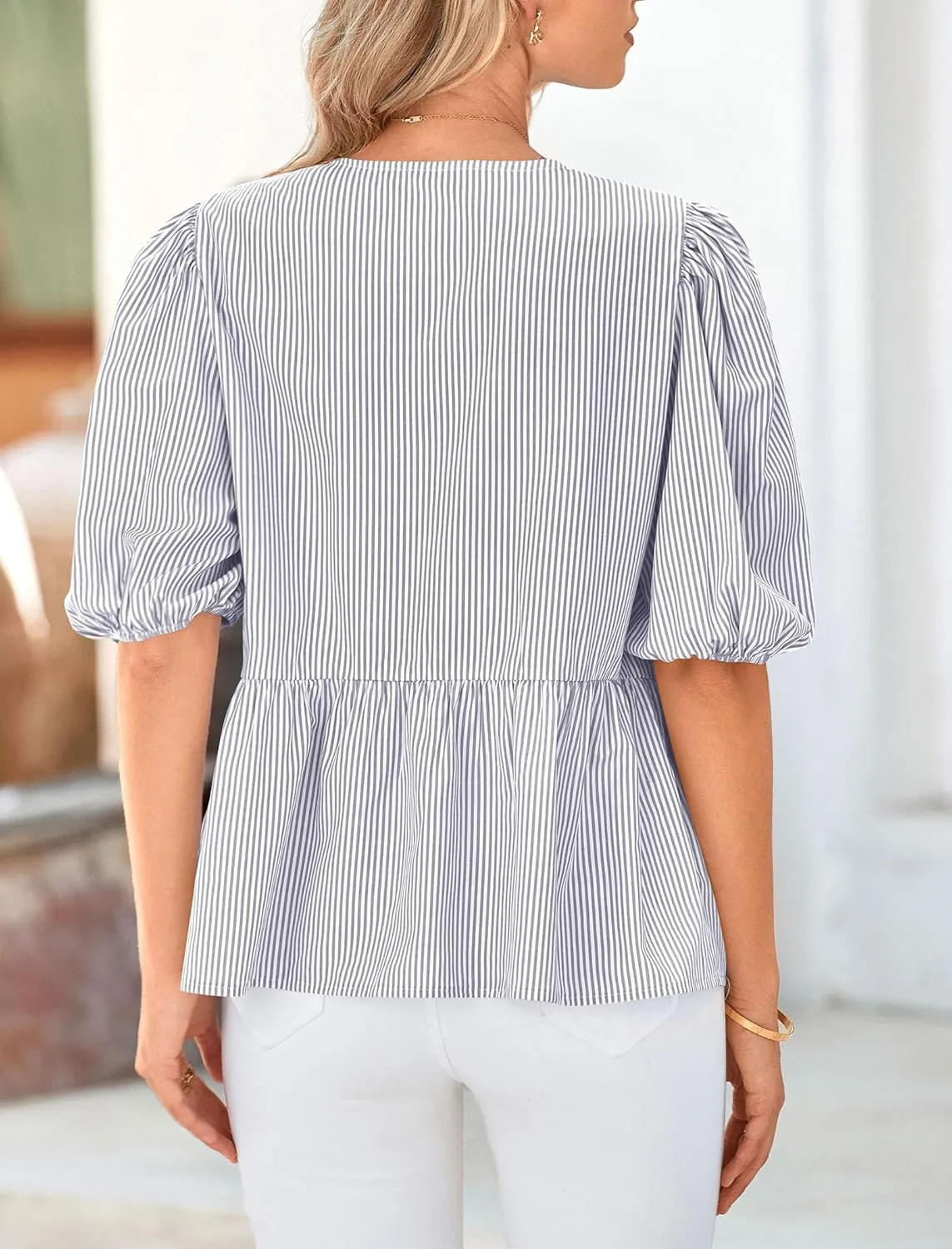 PRETTYGARDEN Women's Tie Front Striped Shirt 2025 Summer Trendy Fashion Cute Babydoll Tops Peplum Puffy Sleeve Blouse