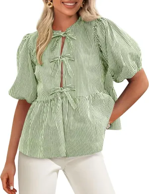 PRETTYGARDEN Women's Tie Front Striped Shirt 2025 Summer Trendy Fashion Cute Babydoll Tops Peplum Puffy Sleeve Blouse