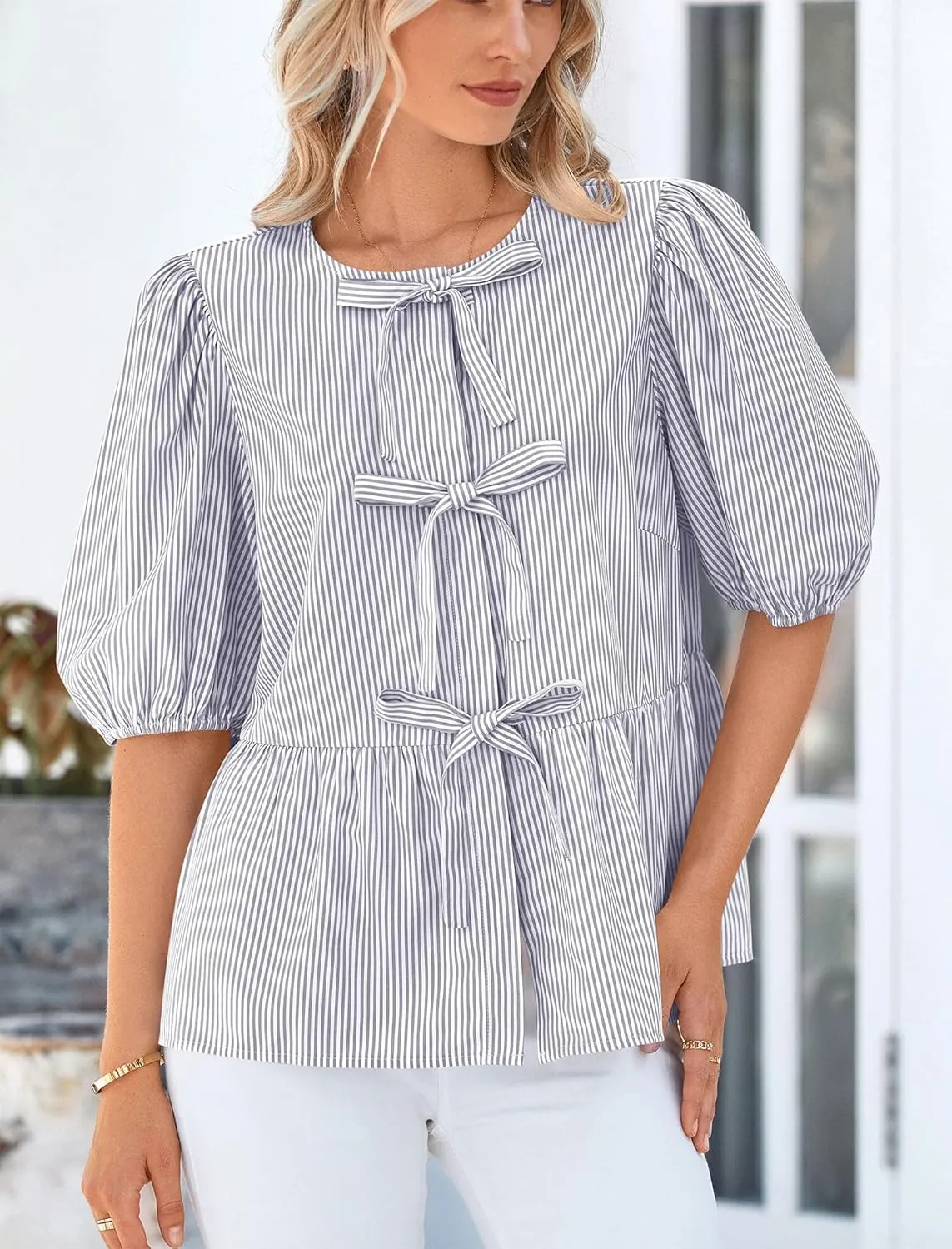 PRETTYGARDEN Women's Tie Front Striped Shirt 2025 Summer Trendy Fashion Cute Babydoll Tops Peplum Puffy Sleeve Blouse
