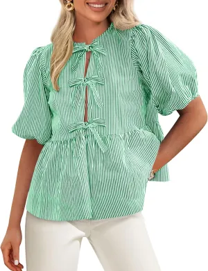 PRETTYGARDEN Women's Tie Front Striped Shirt 2025 Summer Trendy Fashion Cute Babydoll Tops Peplum Puffy Sleeve Blouse