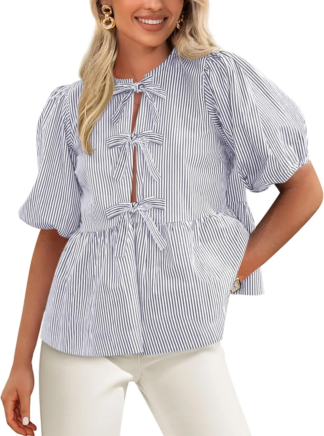 PRETTYGARDEN Women's Tie Front Striped Shirt 2025 Summer Trendy Fashion Cute Babydoll Tops Peplum Puffy Sleeve Blouse