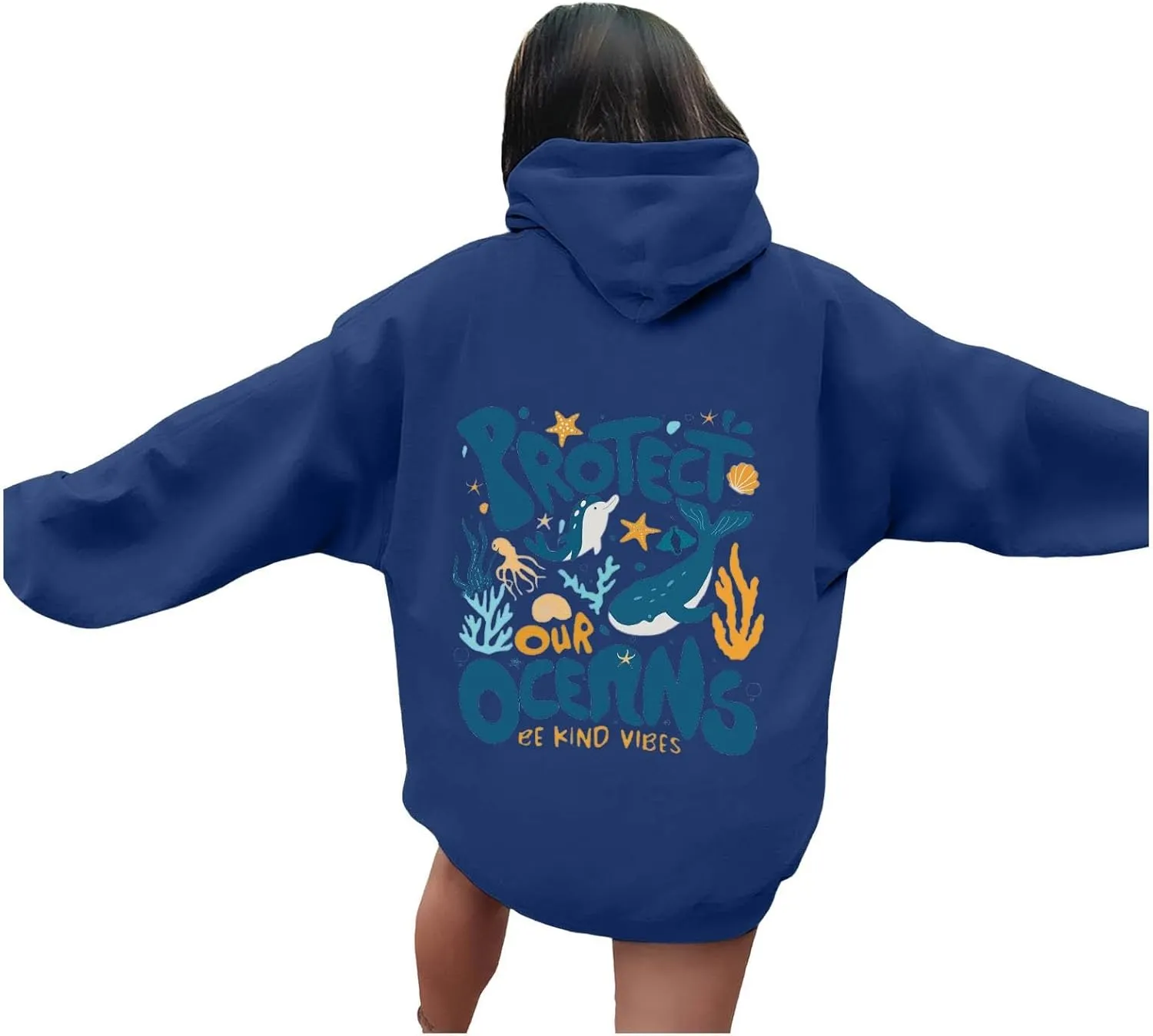 Protect Our Ocean Women Sea Animal Graphic Hoodies Oversized Long Sleeve Pullover Tunic Blouse Tops Outfits with Pocket