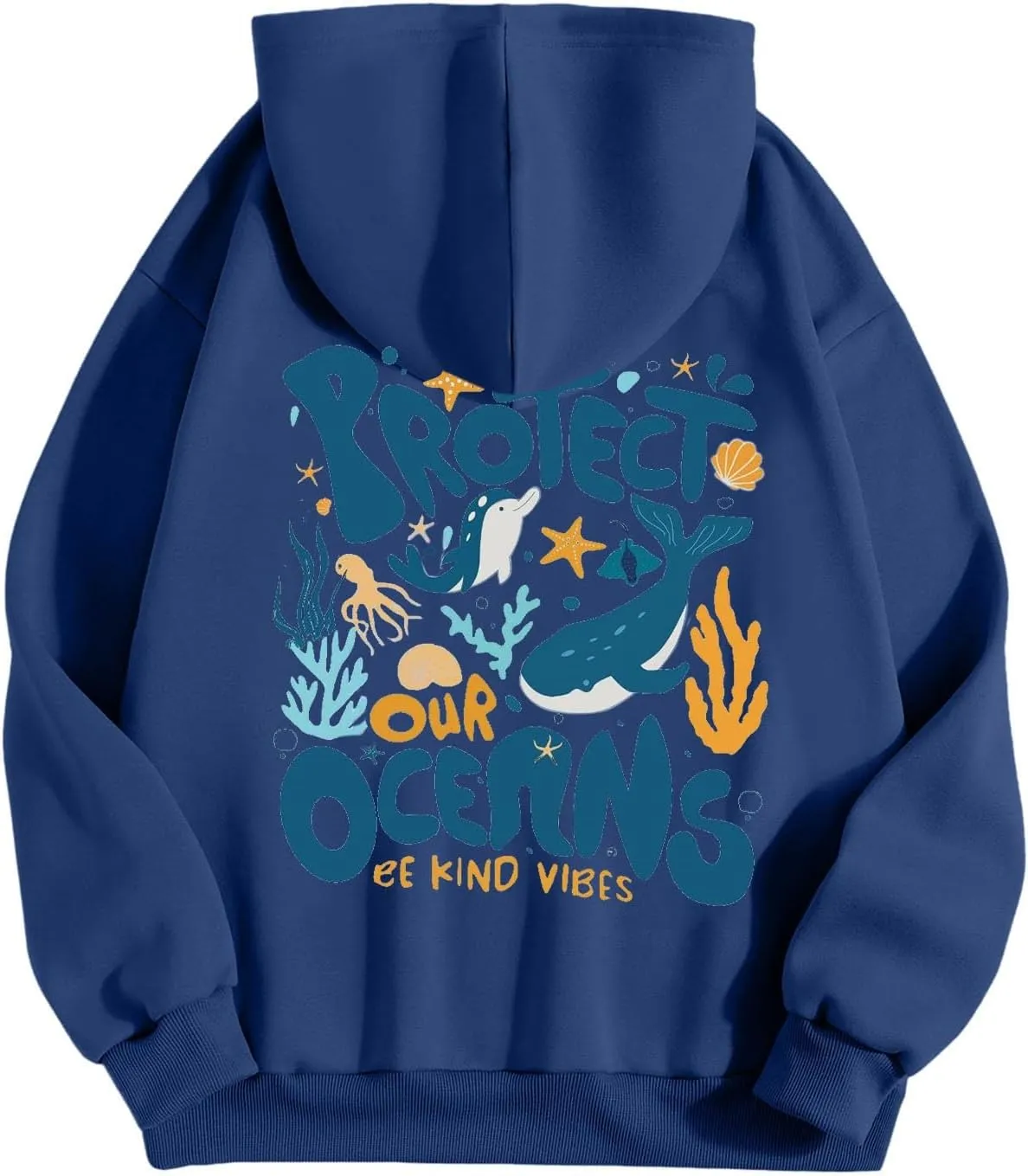 Protect Our Ocean Women Sea Animal Graphic Hoodies Oversized Long Sleeve Pullover Tunic Blouse Tops Outfits with Pocket