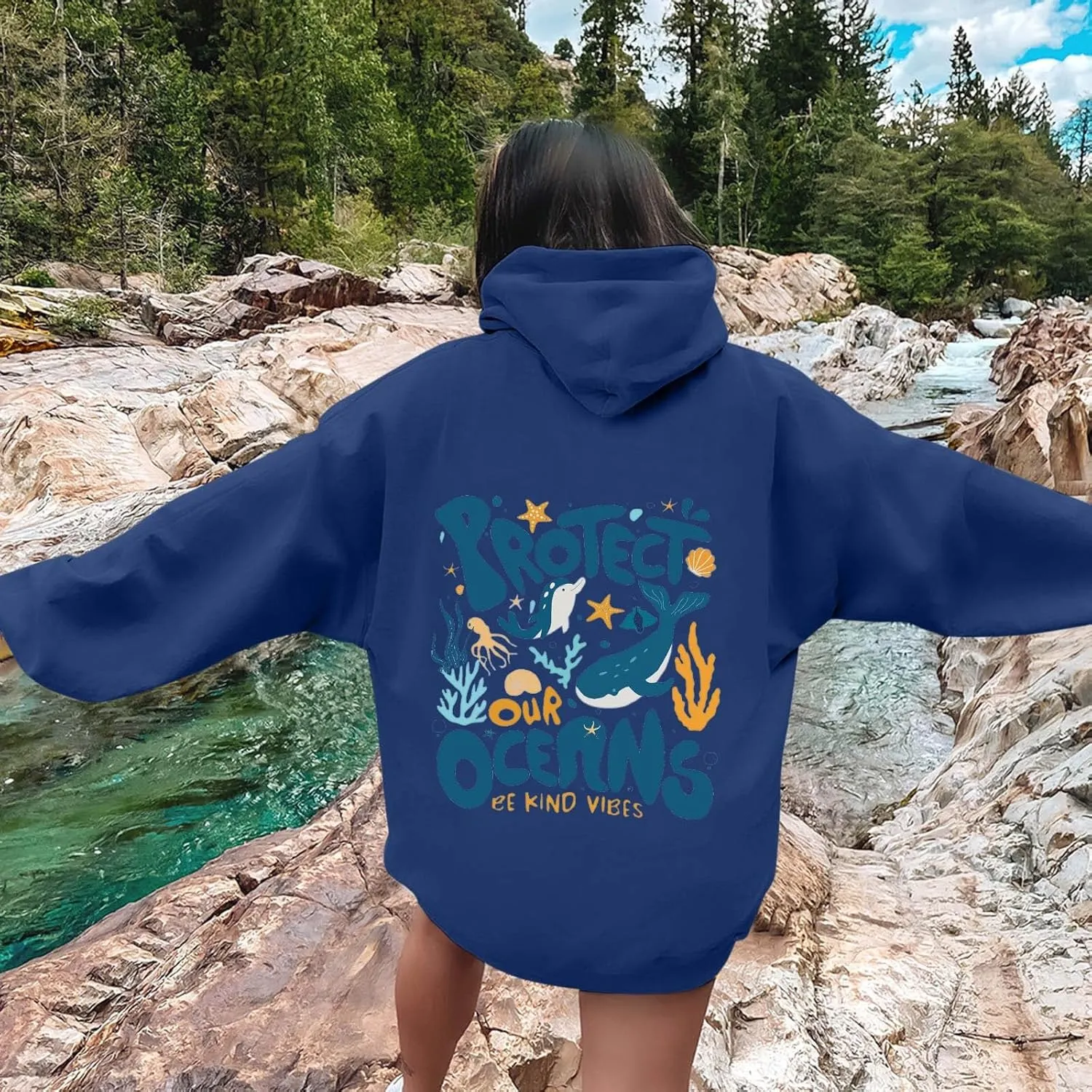 Protect Our Ocean Women Sea Animal Graphic Hoodies Oversized Long Sleeve Pullover Tunic Blouse Tops Outfits with Pocket