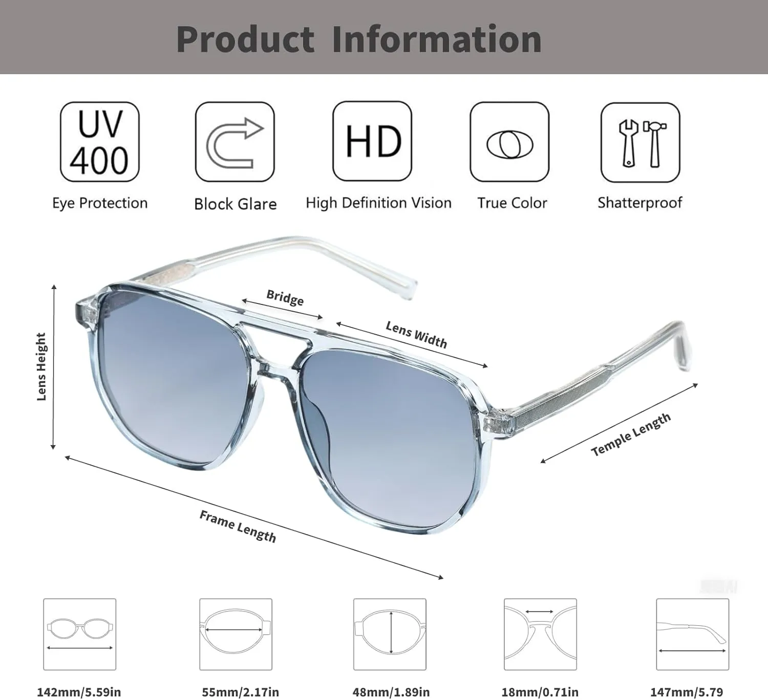 Retro Aviator Sunglasses for Women & Men Lightweight Square Shade UV400 Protection Unisex Sun Glasses Frame