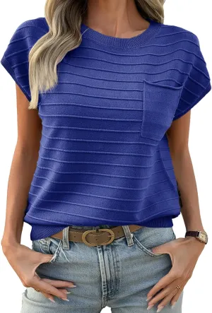 Saodimallsu Womens Cap Sleeve Summer Tops Crew Neck Casual Loose Knit Sweater Tshirts with Pocket