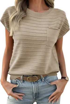 Saodimallsu Womens Cap Sleeve Summer Tops Crew Neck Casual Loose Knit Sweater Tshirts with Pocket