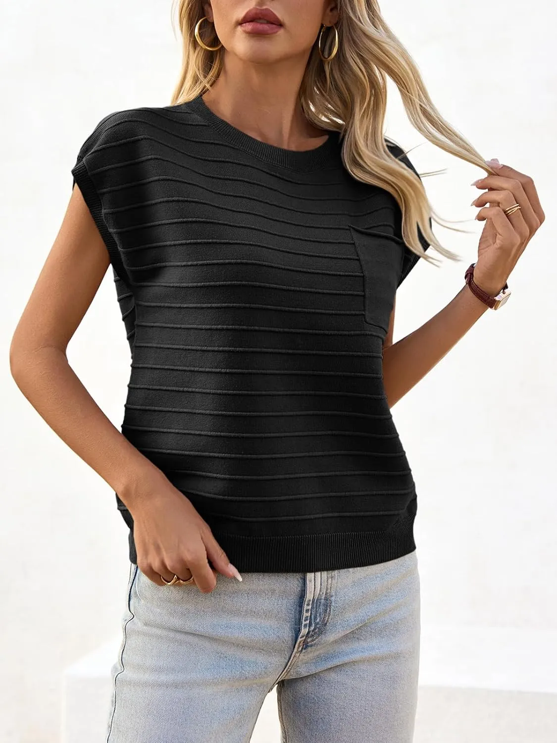 Saodimallsu Womens Cap Sleeve Summer Tops Crew Neck Casual Loose Knit Sweater Tshirts with Pocket