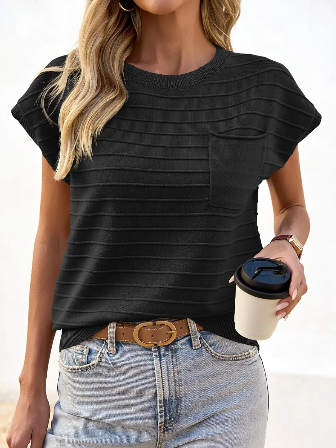 Saodimallsu Womens Cap Sleeve Summer Tops Crew Neck Casual Loose Knit Sweater Tshirts with Pocket