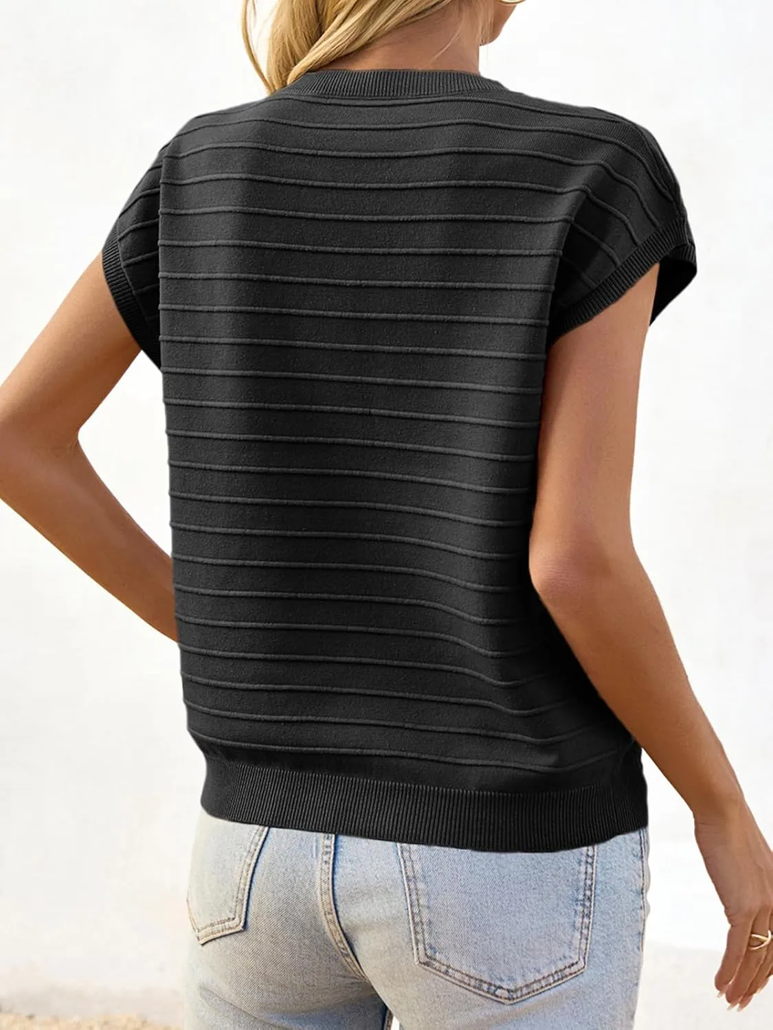Saodimallsu Womens Cap Sleeve Summer Tops Crew Neck Casual Loose Knit Sweater Tshirts with Pocket