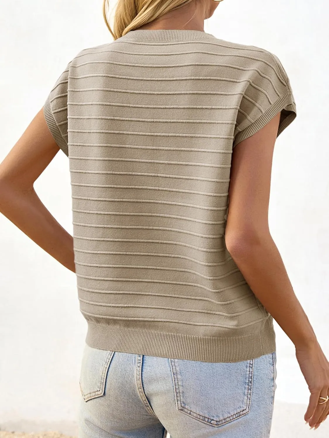 Saodimallsu Womens Cap Sleeve Summer Tops Crew Neck Casual Loose Knit Sweater Tshirts with Pocket