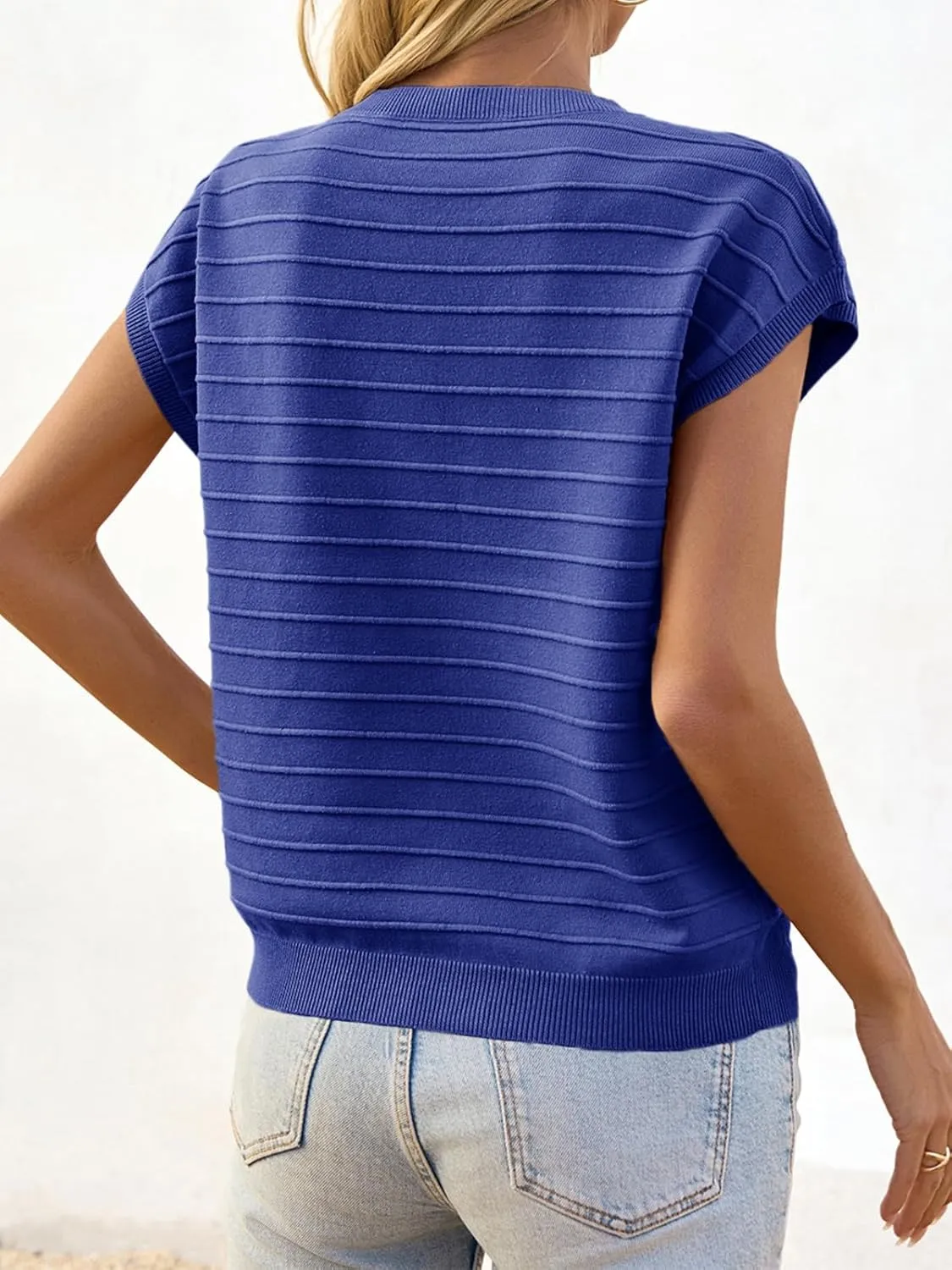 Saodimallsu Womens Cap Sleeve Summer Tops Crew Neck Casual Loose Knit Sweater Tshirts with Pocket