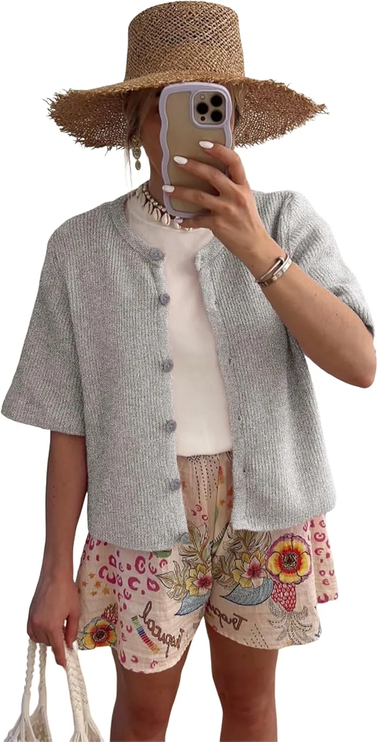 SCUSTY Women's Lightweight Cardigan Short Sleeve Button-Down Summer Cardigan Sweater
