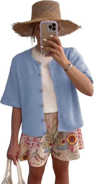 SCUSTY Women's Lightweight Cardigan Short Sleeve Button-Down Summer Cardigan Sweater