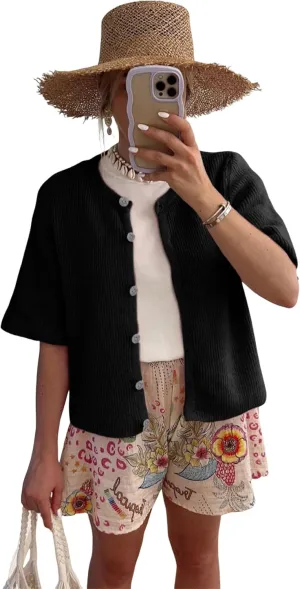 SCUSTY Women's Lightweight Cardigan Short Sleeve Button-Down Summer Cardigan Sweater
