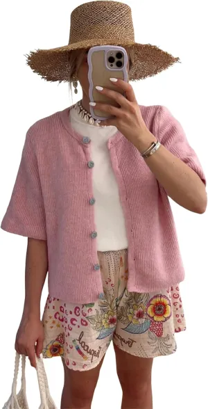 SCUSTY Women's Lightweight Cardigan Short Sleeve Button-Down Summer Cardigan Sweater