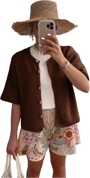 SCUSTY Women's Lightweight Cardigan Short Sleeve Button-Down Summer Cardigan Sweater