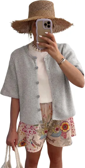 SCUSTY Women's Lightweight Cardigan Short Sleeve Button-Down Summer Cardigan Sweater