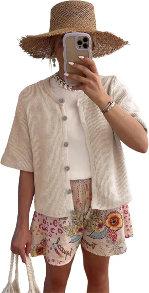 SCUSTY Women's Lightweight Cardigan Short Sleeve Button-Down Summer Cardigan Sweater