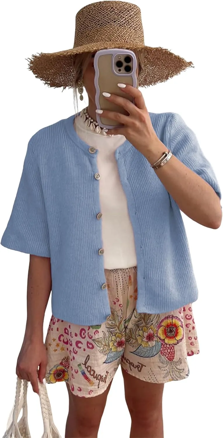 SCUSTY Women's Lightweight Cardigan Short Sleeve Button-Down Summer Cardigan Sweater