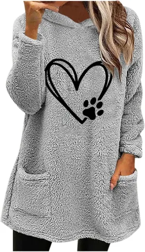 Sherpa Hoodie for Women Fleece Pullover Sweater Oversized Graphic Sweatshirt with Pockets Warm Winter Clothes