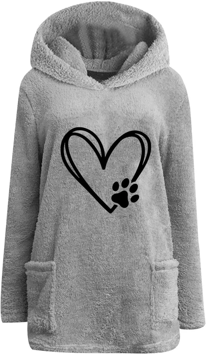 Sherpa Hoodie for Women Fleece Pullover Sweater Oversized Graphic Sweatshirt with Pockets Warm Winter Clothes