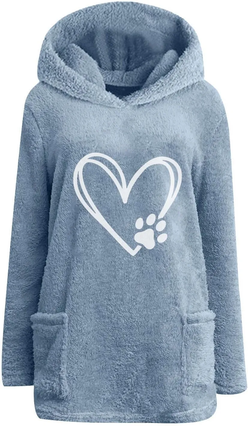 Sherpa Hoodie for Women Fleece Pullover Sweater Oversized Graphic Sweatshirt with Pockets Warm Winter Clothes