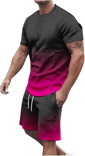 Sinzelimin Sport Casual Set for Men Two Piece Tracksuit O-Neck Short Sleeves Tees Shirts Shorts Sweatpant Jogger Workout Suit