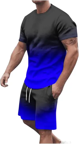 Sinzelimin Sport Casual Set for Men Two Piece Tracksuit O-Neck Short Sleeves Tees Shirts Shorts Sweatpant Jogger Workout Suit