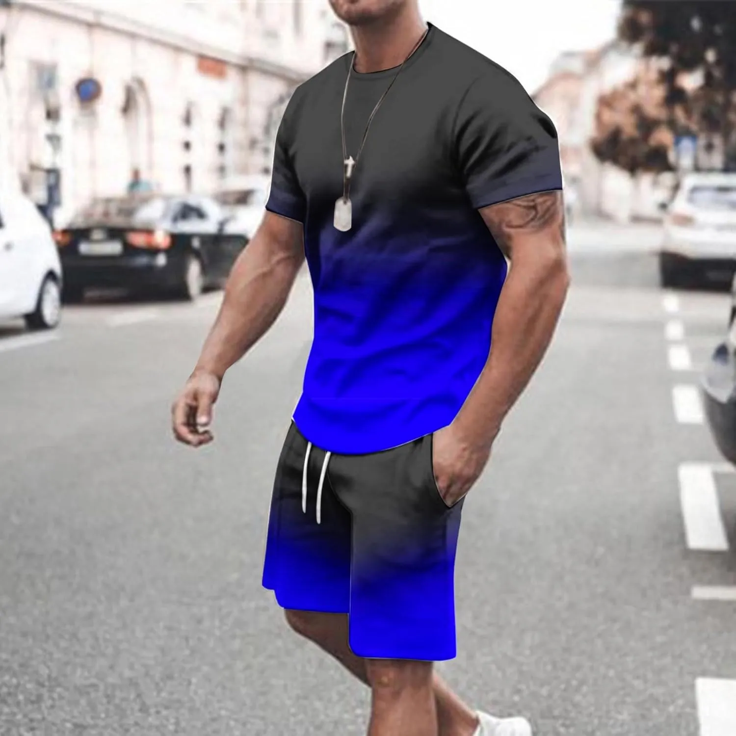 Sinzelimin Sport Casual Set for Men Two Piece Tracksuit O-Neck Short Sleeves Tees Shirts Shorts Sweatpant Jogger Workout Suit