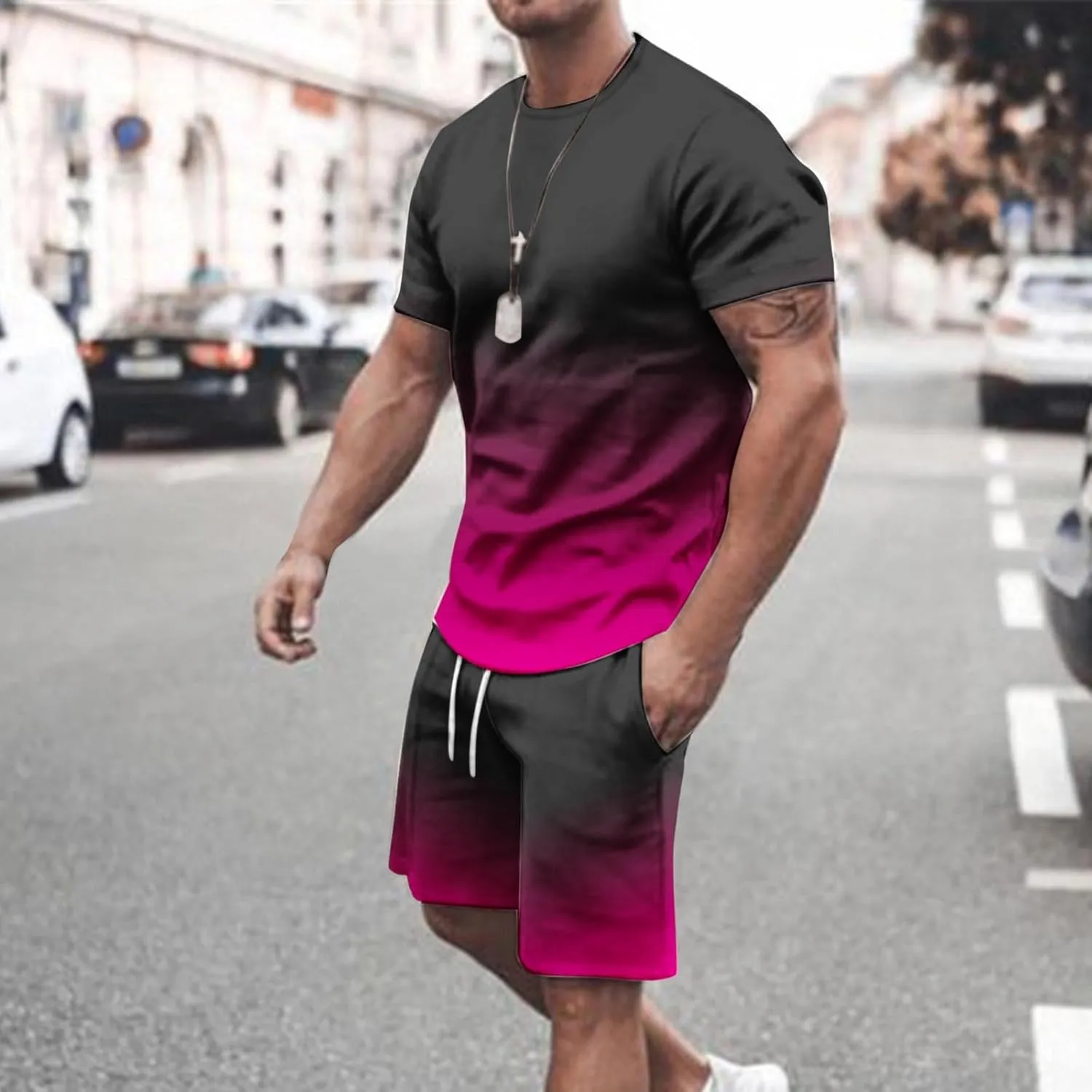 Sinzelimin Sport Casual Set for Men Two Piece Tracksuit O-Neck Short Sleeves Tees Shirts Shorts Sweatpant Jogger Workout Suit