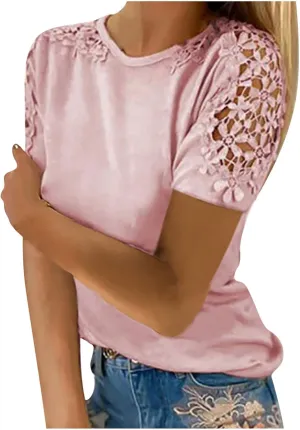 SMIDOW Boho Lace Crochet Short Sleeve Tops for Women Sexy Elegant Summer t Shirt Solid Dressy Casual Blouse Plus Size
