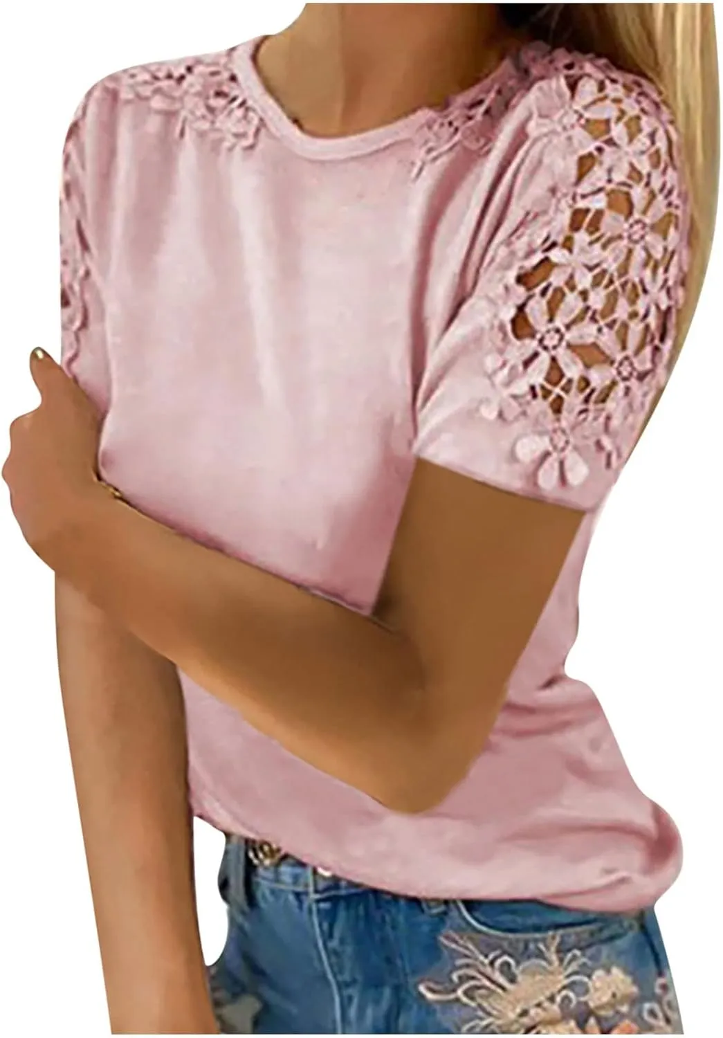 SMIDOW Boho Lace Crochet Short Sleeve Tops for Women Sexy Elegant Summer t Shirt Solid Dressy Casual Blouse Plus Size
