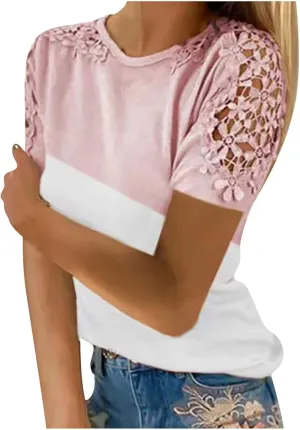 SMIDOW Boho Lace Crochet Short Sleeve Tops for Women Sexy Elegant Summer t Shirt Solid Dressy Casual Blouse Plus Size