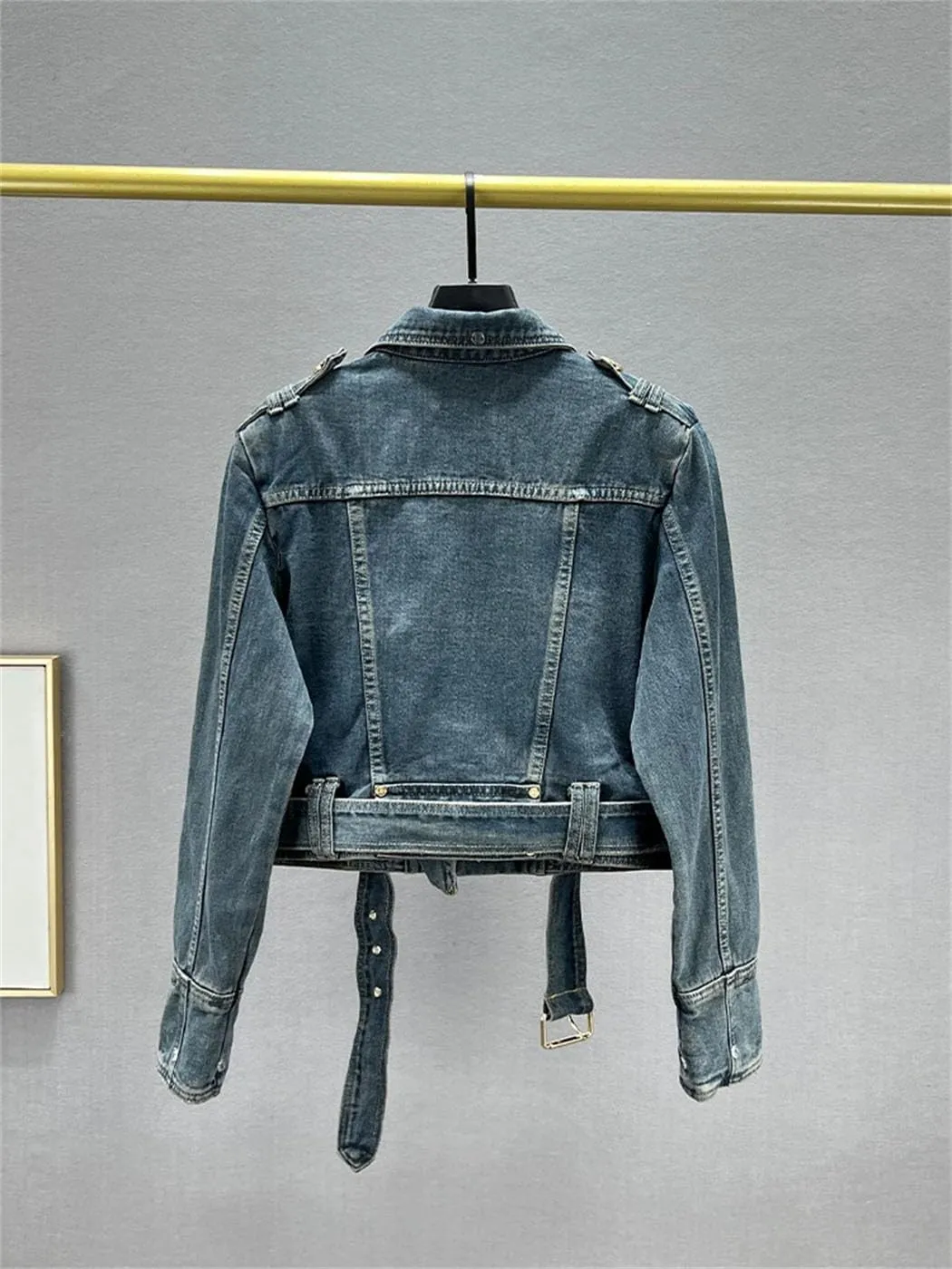Spring Washed Denim Jackets For Women Lapel Metal Button Slim Denim Coat With Zipper Motorcycle Jacket