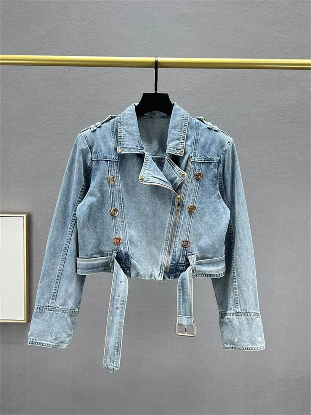 Spring Washed Denim Jackets For Women Lapel Metal Button Slim Denim Coat With Zipper Motorcycle Jacket