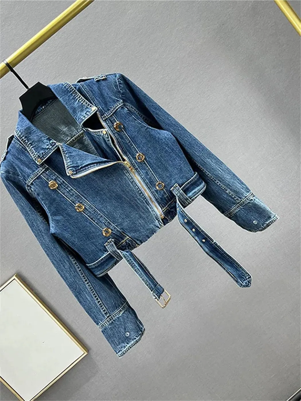 Spring Washed Denim Jackets For Women Lapel Metal Button Slim Denim Coat With Zipper Motorcycle Jacket