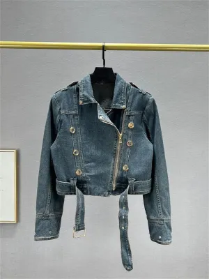 Spring Washed Denim Jackets For Women Lapel Metal Button Slim Denim Coat With Zipper Motorcycle Jacket