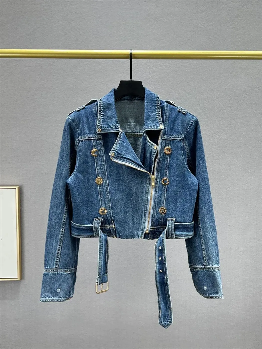 Spring Washed Denim Jackets For Women Lapel Metal Button Slim Denim Coat With Zipper Motorcycle Jacket